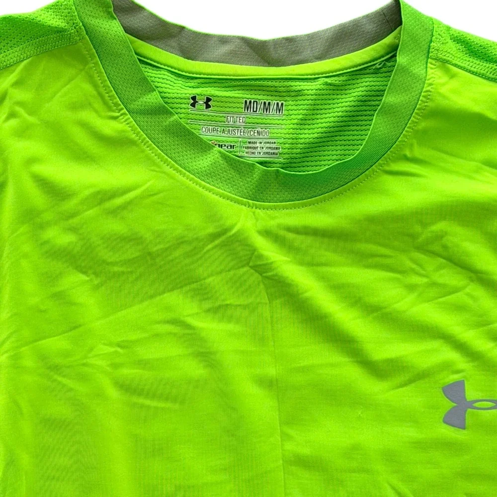 Under Armour Shirt Mens Medium Neon Green HeatGear Fitted Mesh Athletic Gym Top